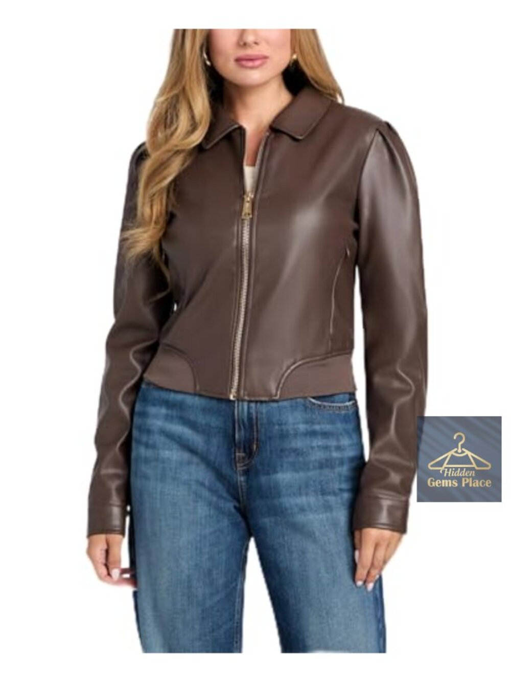 Women's Cropped Faux Leather Biker Jacket with Gold Zip